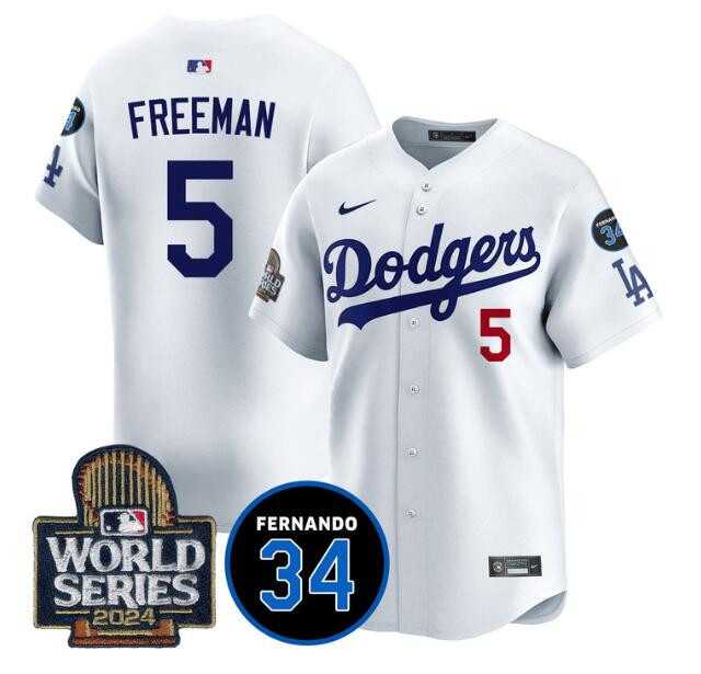 Men%27s Los Angeles Dodgers #5 Freddie Freeman White 2024 World Series With Fernando Memorial Patch Limited Stitched Jersey Dzhi